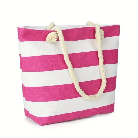LARGE PINK & WHITE CANVAS BEACH OR POOL BAG OR SHOPPER- PERFECT TOTE- NE… - Picture 2 of 6